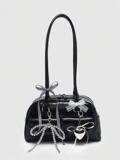 Kawaii Ladies' Retro Cute Style Plaid Bow Tie Bag With Heart Decoration, Multi-Pockets Boston Shoulder Bag, School, Japanese Bag, Fashionable Bow Purse For Women, Street & Japanese Bag For Women