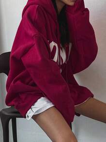 DAZY Women Christmas Letter Print Loose Fit Hooded Sweatshirt ,Holiday,Long Sleeve Tops,Fall Women Clothes Hoodies - Red - View 5