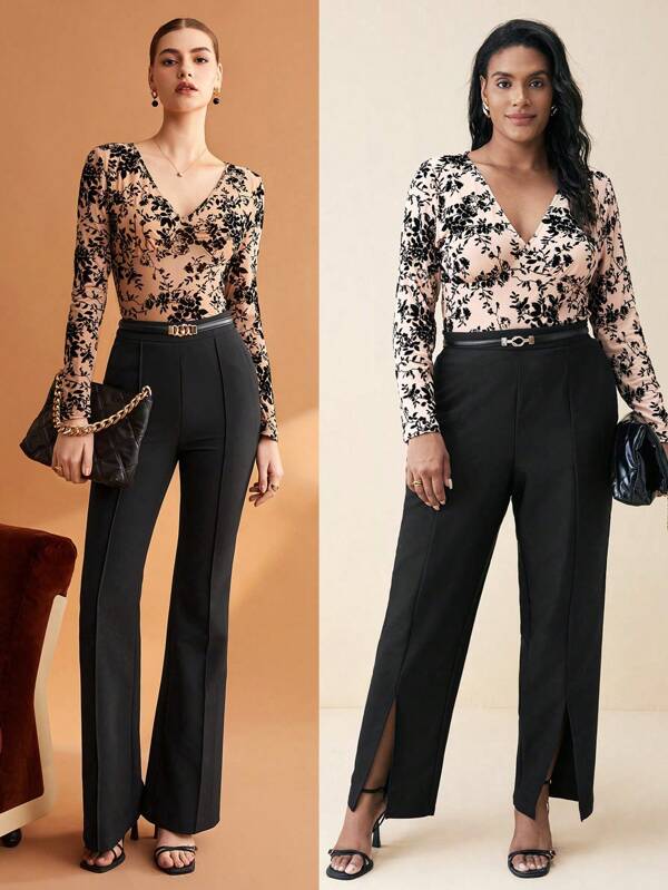 BizChic Plus Size Women Flocked Mesh Floral Print Long Sleeve T-Shirt