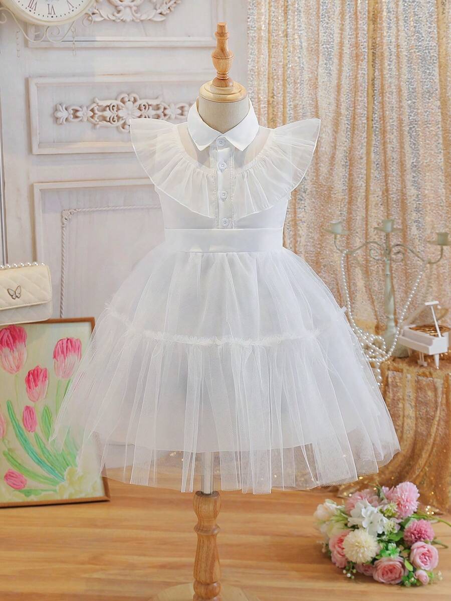 SHEIN Vestido de Tule Preto para Meninas Pequenas/Meninas Jovens, Estilo Escuro Adequado para Halloween, Festas e Uso Diário, Traje para Ocasiões - Branco - Visão 1