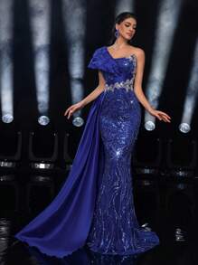 SHEIN Belle Elegant Navy Blue Asymmetrical Neck Sleeve Decor Satin & Sequins Mermaid Fishtail Gown With Luxurious Beaded Decor, Suitable For Weddings, Parties, Galas, And Special Occasions (Heavy Embroidery), Formal Evening Prom Dress, For Wedding Guest, Graduation, Dinner Party Dress - Royal Blue - View 6