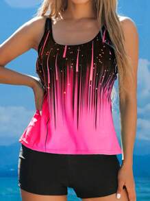 Swim Lushoire Women's Summer Beach Tankini Set - Allover Print Round Neck Top & Solid Color Shorts - Hot Pink - View 3