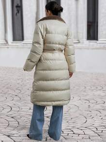 EURMUSE Fashionable Fur Collar Belted Padded Coat - Beige - View 2