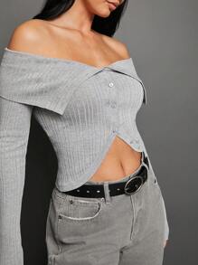 WESTFADE Cardigan tricoté côtelé avec épaules dénudées - Gris - Voir 1
