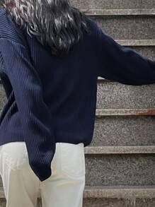 DAZY Color Block Letter Embroidery Loose Long Sleeve Zip-Up Sweater For Women