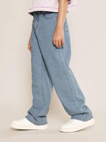 SUMWON Tween Girls Loose Fit Denim Jean With Raw Edge Applique Design