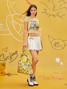 TOM & JERRY X SHEIN 1pc Full Printed RPET Foldable Reusable Shopping Bag, Fashionable Butter Yellow Bag For Women