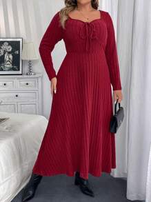 Calvaya Plus Size Solid Color Long Sleeve Dress, Spring & Autumn For New Year Clothes Maxi Women Outfit - Red - View 4