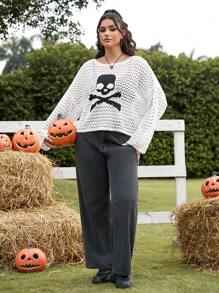 SHEIN EZwear Plus Size Women's Plus Size Drop Shoulder Long Sleeve Hollow Skull Knit Sweater, Autumn/Winter