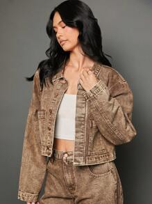 WESTFADE Winter Clothes Premium Cotton Denim Button Up Long Sleeve Cropped Jacket With Pockets - Khaki - View 10