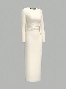 SHEIN EZwear Damen Täglich Lässig Gestrickt Eng Plissee Langarm Langes Kleid, Einfarbig - Aprikosenfarben - Übersicht 4