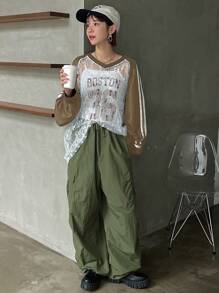 FRIFUL Women's Solid Color Patchwork Long Sleeve Striped Sheer Blouse, Casual Vacation