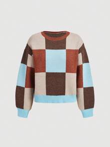 SHEIN MOD Áo len dài tay hở vai họa tiết caro cổ điển màu tương phản dáng rộng cho nữ, mùa thu/đông - Nhiều màu - Xem 2