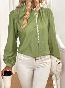 SHEIN LUNE Lace Trim Colorblock Stand Collar Puff Sleeve Shirt, Fall And Spring - Green - View 6