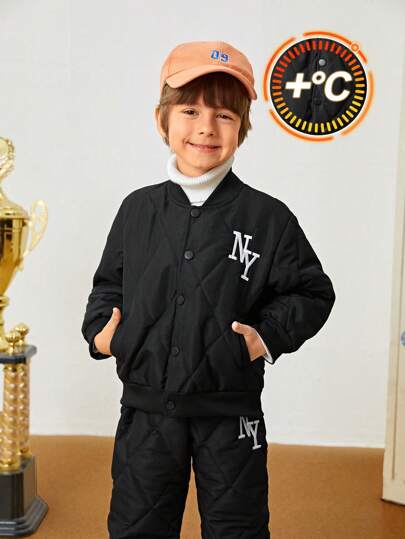 SHEIN Explorewe 2pcs/Set Young Boy Diamond Quilted Embroidered Ribbed Casual Jacket & Embroidered Pants, Suitable For Autumn/Winter Outings And School Season