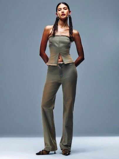 TypaGal Vintage Denim Raw Hem Cotton Straight Leg Jeans For Casual Wear