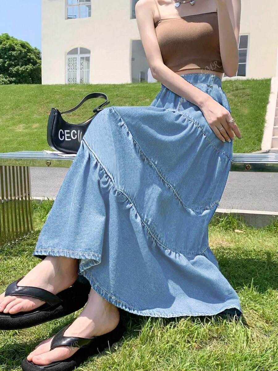 Women's Denim Skirt With Pleats And Ruched Hem SHEIN South Africa