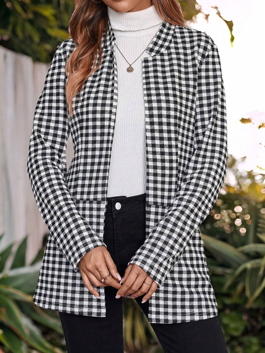 EMERY ROSE Women's Plaid Casual Jacket For Spring And Autumn - Black and White - View 1