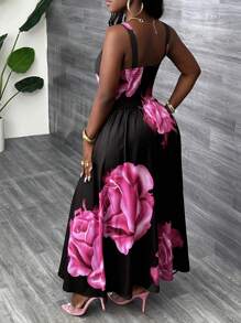 Slaydiva Summer New Style Casual Holiday Elegant Daily Date Vest Wide Strap Waist A-Line Skirt Full Black Bottom Red Flower Print Women's Long Dress