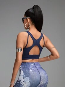 Innovista 女士纯色镂空休闲运动文胸、聚拢文胸、健身背心、健身房锻炼和日常休闲、跑步、骑行、瑜伽、节日 - 藍色 - 查看 6