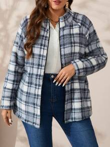EMERY ROSE Plus Size Women's Plaid Raglan Sleeve Fleece Casual Fuzzy Jacket, Autumn Winter