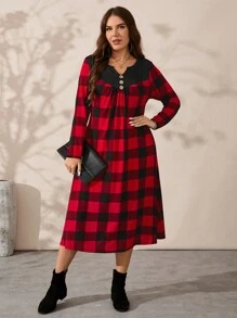 EMERY ROSE 大码女式秋季V领格子长袖休闲宽松连衣裙 - 彩色 - 查看 1