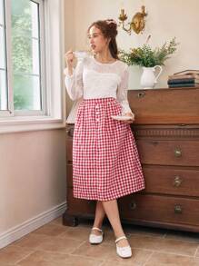 2pcs/Set Teen Girls Elegant Long Sleeve Lace Top & Plaid Skirt, Spring/Autumn - Multicolor - View 1