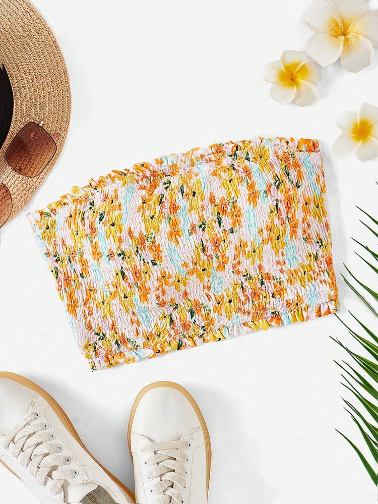 Floral Printed Elastic Bandeau Top For Women, Summer Sexy Look