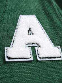 Aesthetic Post--Men's Green Letter Sweater Spring & Autumn Casual Rib Knit Cardigan With Letter Patch Back To School Drop Shoulder Dark Green Chunky Academia Color Block Cardigan, For Husband, Boyfriend Gifts, Long Sleeve Top - Green - View 4