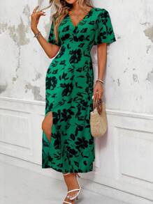 SHEIN LUNE V-Neck Short Sleeve All Over Floral Print Slit Casual Dress