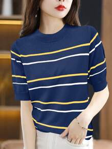 SHEIN Unity Blusa de punto de manga corta con rayas de contraste para mujer