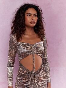 MISSGUIDED Leopard Print Satin Ruched Cut-Out Long Sleeves Bardot Bodycon Mini Dress - Multicolor - View 3