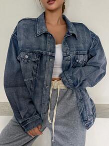 DAZY Áo khoác denim đơn giản có nút cổ gập phía trước có túi dài tay cho nữ, trang phục thường ngày - Rửa trung bình - Xem 7