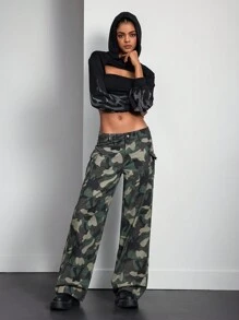 Front Button Pocket Camo Print Casual Denim Jeans Fall Women Clothes - Multicolor - View 6