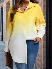 Áo Sơ Mi Tay Dài In Nút Plus Size - Màu vàng - Xem 4