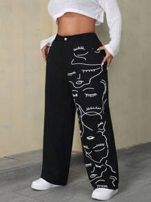 SHEIN EZwear Plus Size Women Abstract Face Print Wide Leg Loose Casual Boyfriend Jeans