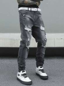 Manfinity EMRG 男式简约前扣多口袋破洞休闲牛仔裤 - 深灰色 - 查看 3