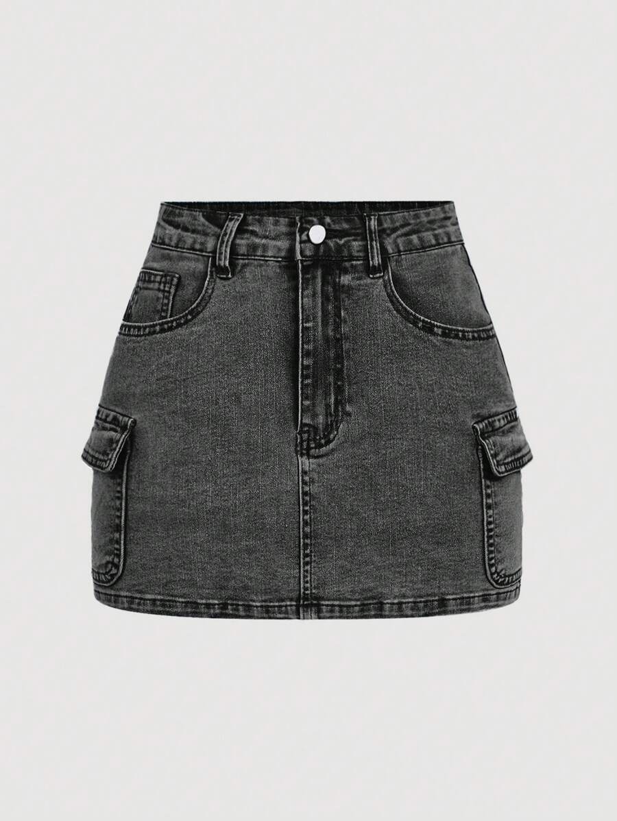 SHEIN MOD Women's Casual Denim Skirt With Pockets - Grey - View 1