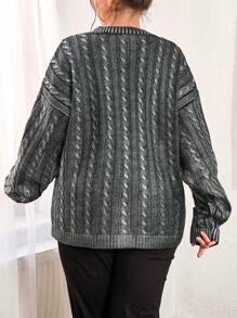 RueChic Cable Knit Drop Shoulder Sweater - Grey - View 2