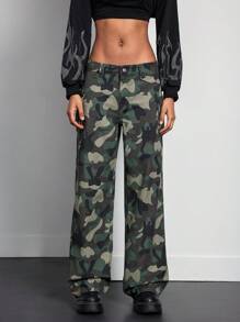 Front Button Pocket Camo Print Casual Denim Jeans Fall Women Clothes - Multicolor - View 5