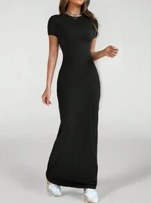 SHEIN PETITE Vestido de manga corta de corte ajustado con cuello redondo para uso diario en primavera y verano para mujer