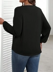 EMERY ROSE Plus Size Women's V-Neck Long Sleeve Casual Solid Color Mesh Contrast Fall T-Shirt