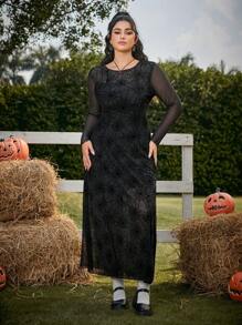 SHEIN EZwear Plus Size Women Halloween Spider Web Pattern Round Neck Long Sleeve Dress, Spring & Summer Clothes