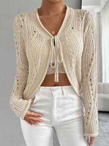 SHEIN LUNE Sheer Tie-Front Short Kimono Cardigan With Curved Hem - Apricot - View 1