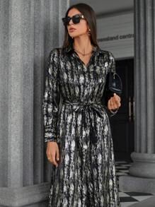Aveloria Women Textured Foil Button Decor Tie-Waist Long Sleeve Shirt Dress