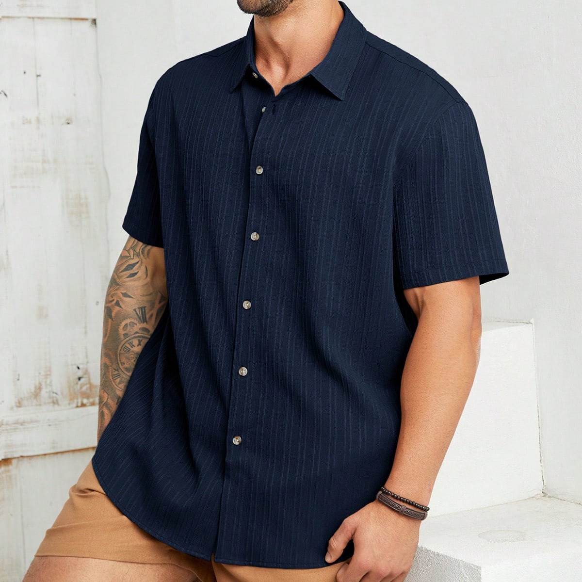 Camisa casual de manga corta tejida azul para hombres de talla grande, vacaciones, regalos del Día del Padre