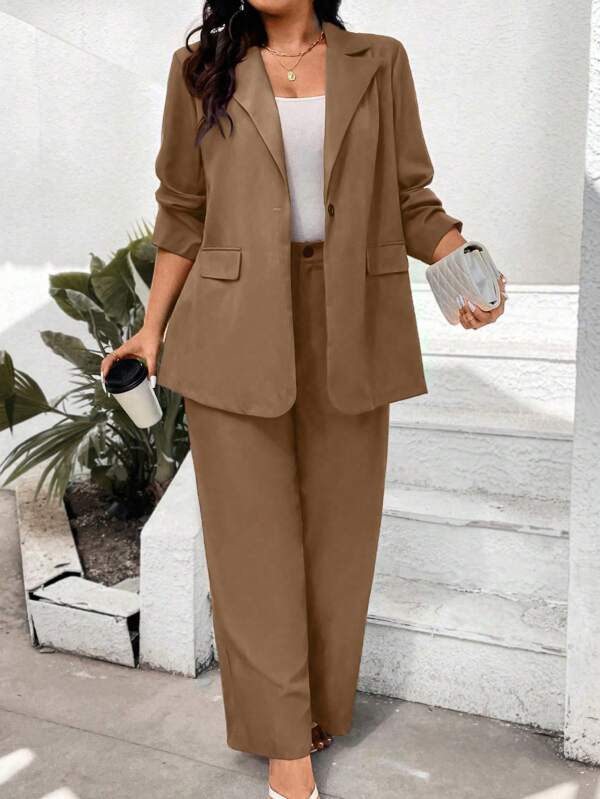 Celure Ensemble veste à manches longues et boutons devant avec pantalon, taille grande, unicolore