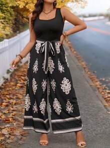 SHEIN VCAY Mono de parchwork tejido con estampado de reunión de hermanas de regreso a la escuela para otoño/invierno de talla grande - Multicolor - Ver 5