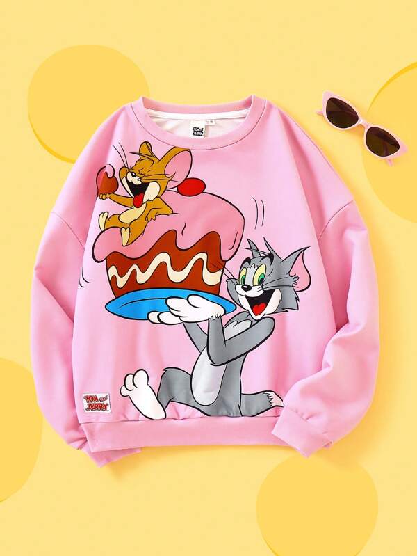 TOM & JERRY X SHEIN Tween Girl Desene Animat Imprimat Roz Casual Loose Drop Shoulder