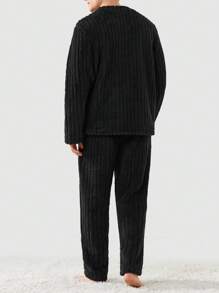 Bộ đồ ngủ 2 món áo nỉ dài tay một hàng khuy đơn màu trơn cho nam và quần dài, mùa đông - màu đen - Xem 2